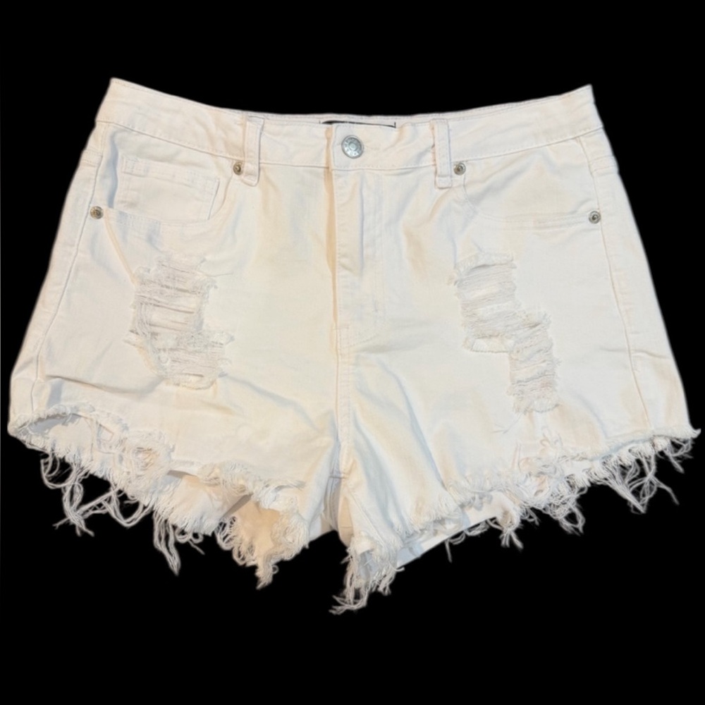 Akira White Distressed High Rise Denim Shorts XL Raw‎ Hem